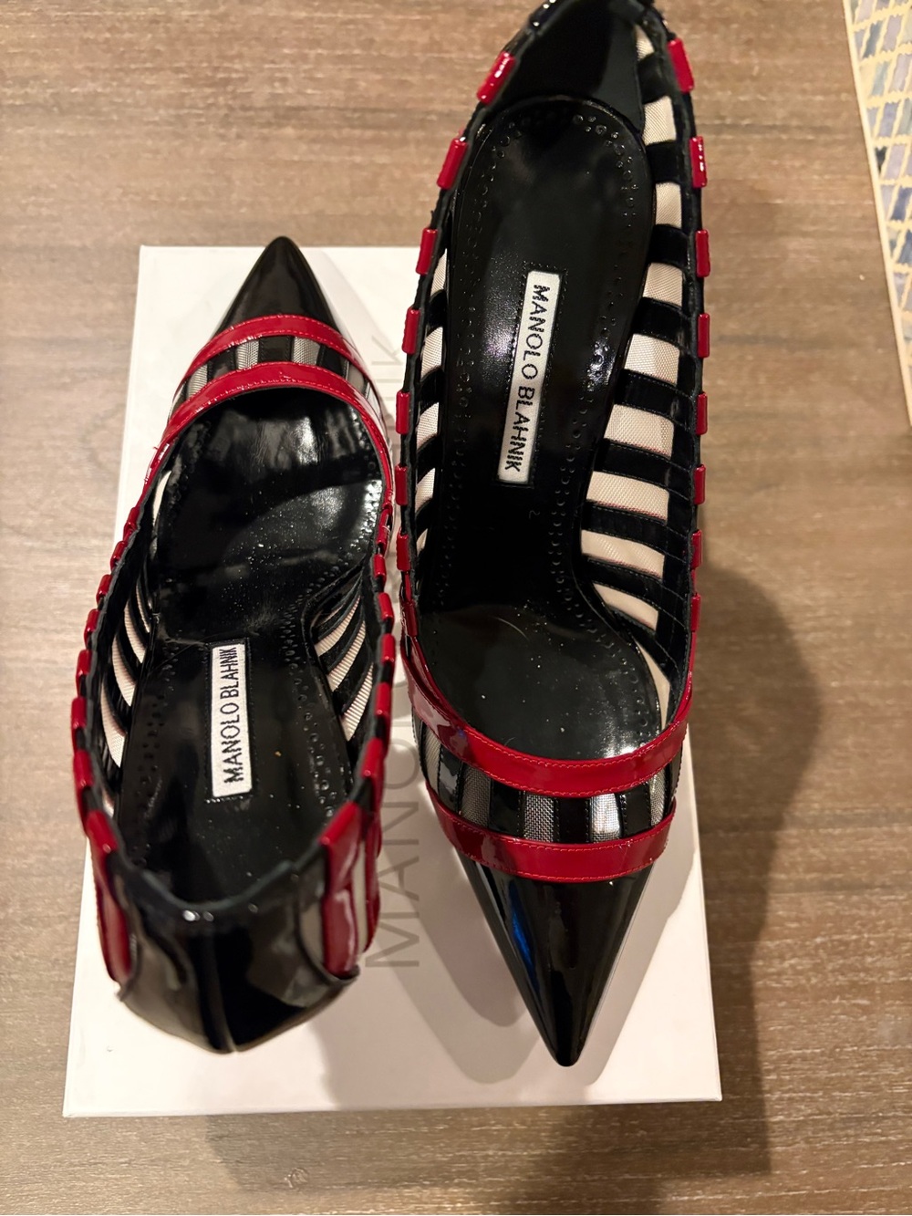 Manolo Blahnik Black & Red Pointed-Toe Pumps NEW